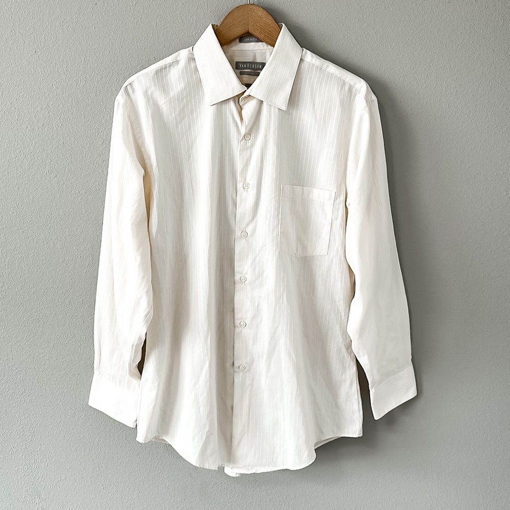 Van Heusen Fitted Lux Satin Cream/Light Yellow Button Down Shirt Neck 16.5